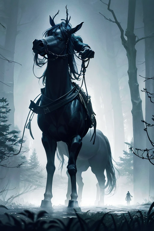 There was a man leading a horse through the forest, makoto sinkai, concept art of a dark forest, In a huge foggy forest, Mysterious Forest, an evil forest, dnd in a dark forest, In the foggy forest, bloodborne concept art, Mysterious mist, eerie nostalgic concept art, in a spooky forest, anime lush john 8k woods