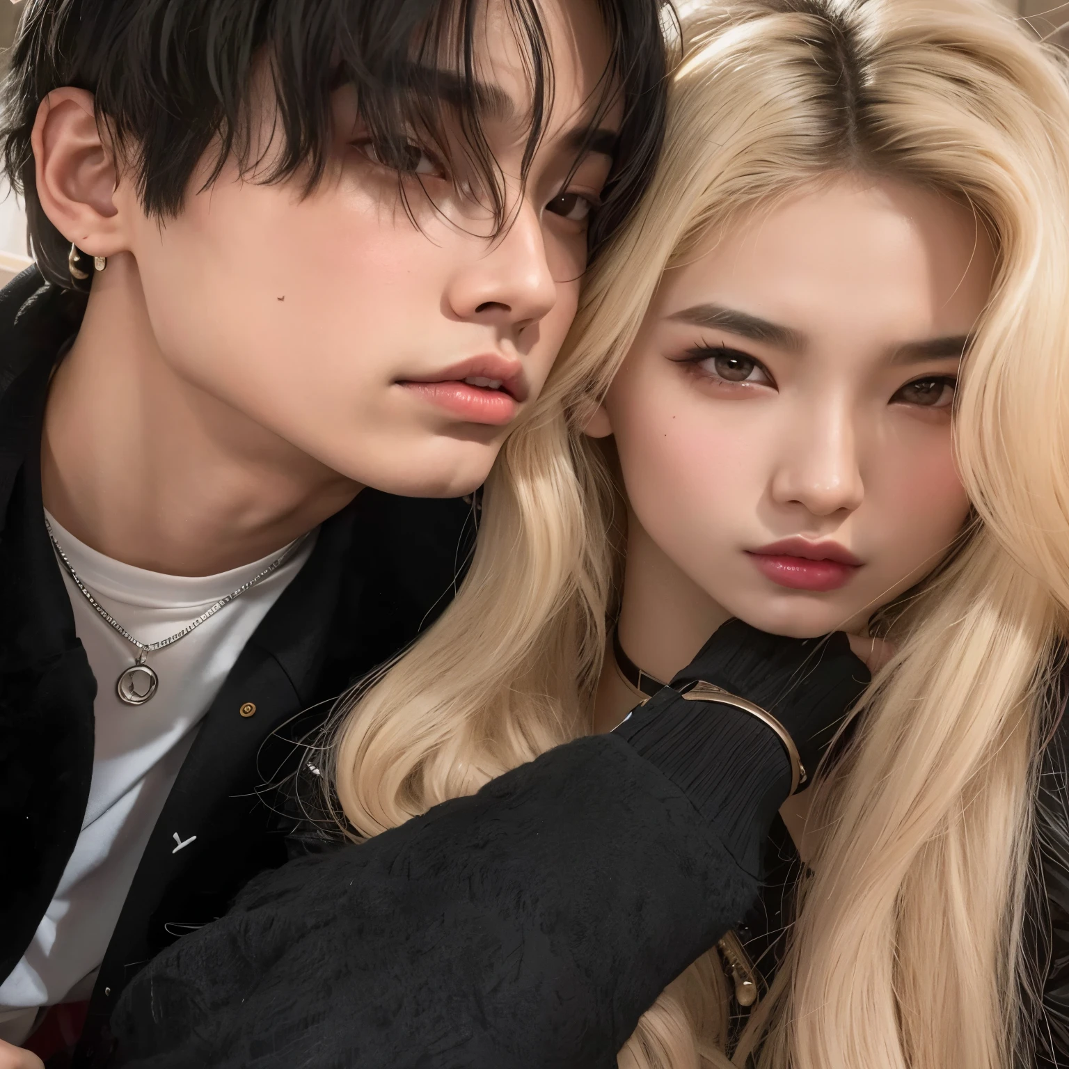 araffe y una mujer de pelo largo y un hombre con una chaqueta negra, cai xukun, con el pelo largo y blanco, yanjun chengt, son pixivs y junji, sakimichan y frank franzzeta, kda y sam que, pose de pareja, Jordan Grimmer y Natasha Tan, nixeu y sakimichan