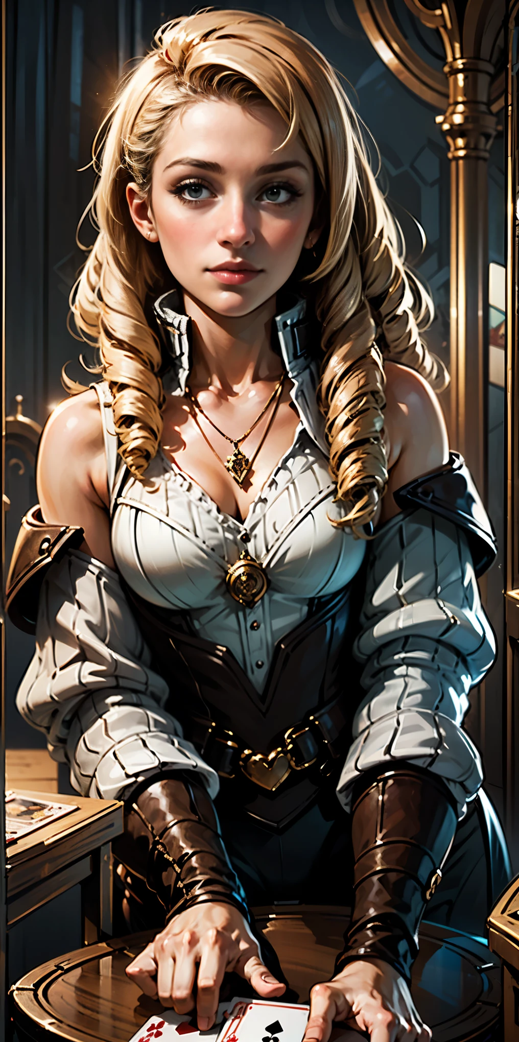 Highly detailed, High Quality, Masterpiece, beautiful, PlayingCards, 1slave girl, solo, holding, card, table, holding card, sitting, indoors, playing card, pov across table, closed mouth, looking at viewer, Forrest, Blonde hair, jacket on shoulders, necklace, big pendant, sleeveless shirt, millennium puzzle