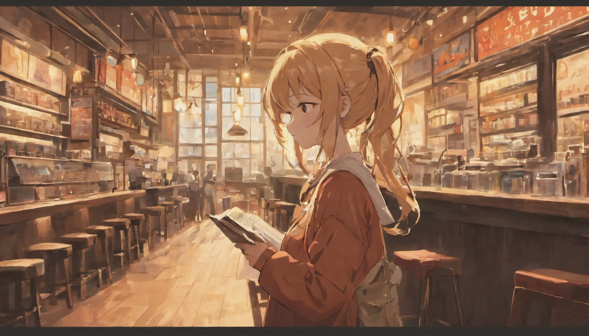 (longshot), wideshot, (film noise), old cartoon, (lots of records:1.3), coffee shop, (masterpiece, highest quality, highest quality, official art, beautiful and aesthetic: 1.2), (woman listening to music with 1 headphones), very detailed, (fractal art: 1.4), supreme detail, coffee makers, (notes: 1.4), ( lo-fi hip-hop), side view, anime texture, solo, picture of coffee shop