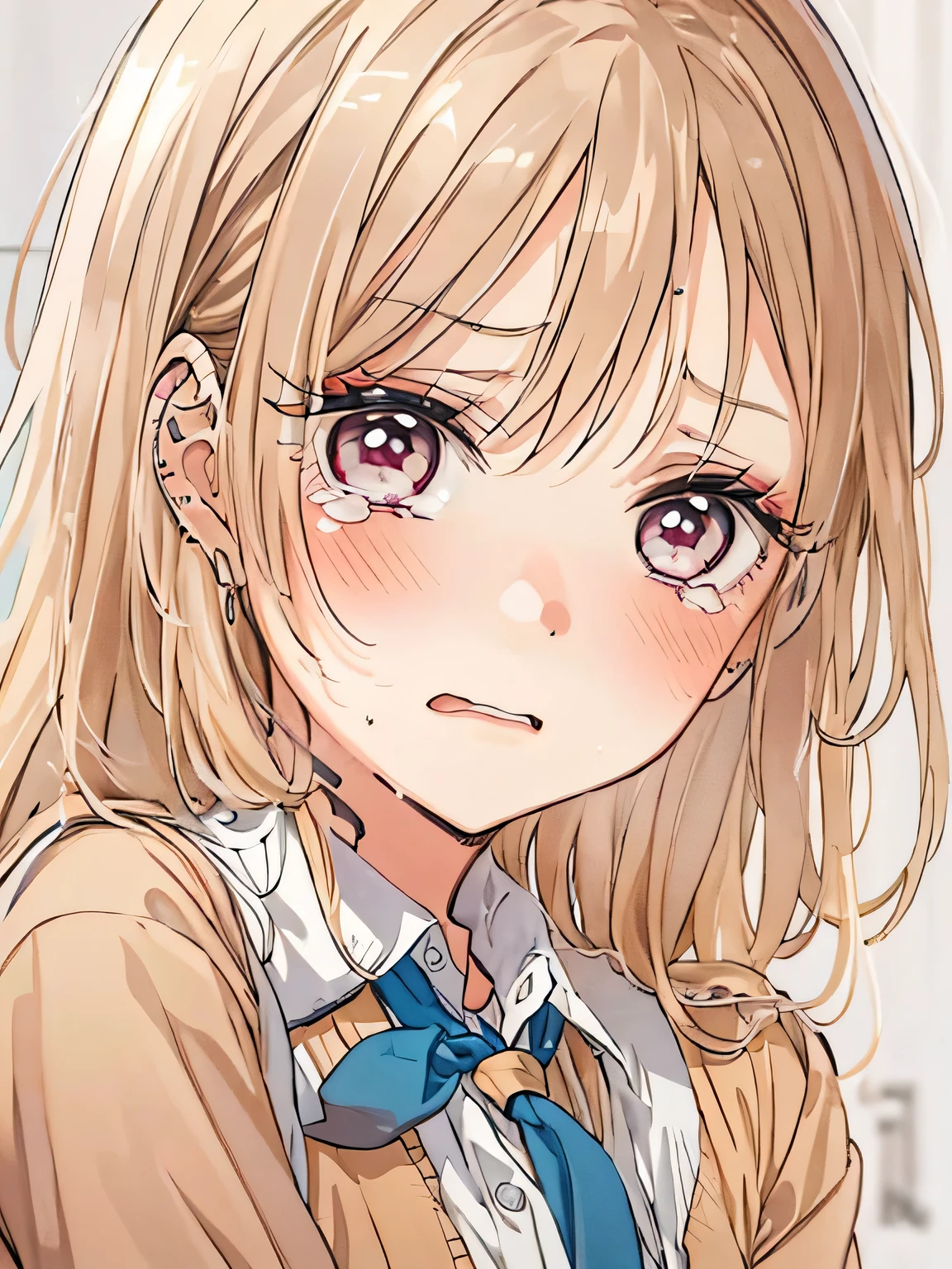 marin kitagawa,1 girl, beautiful eyes,beautiful face, Blonde Long ,Clinging to the school classroom and crying