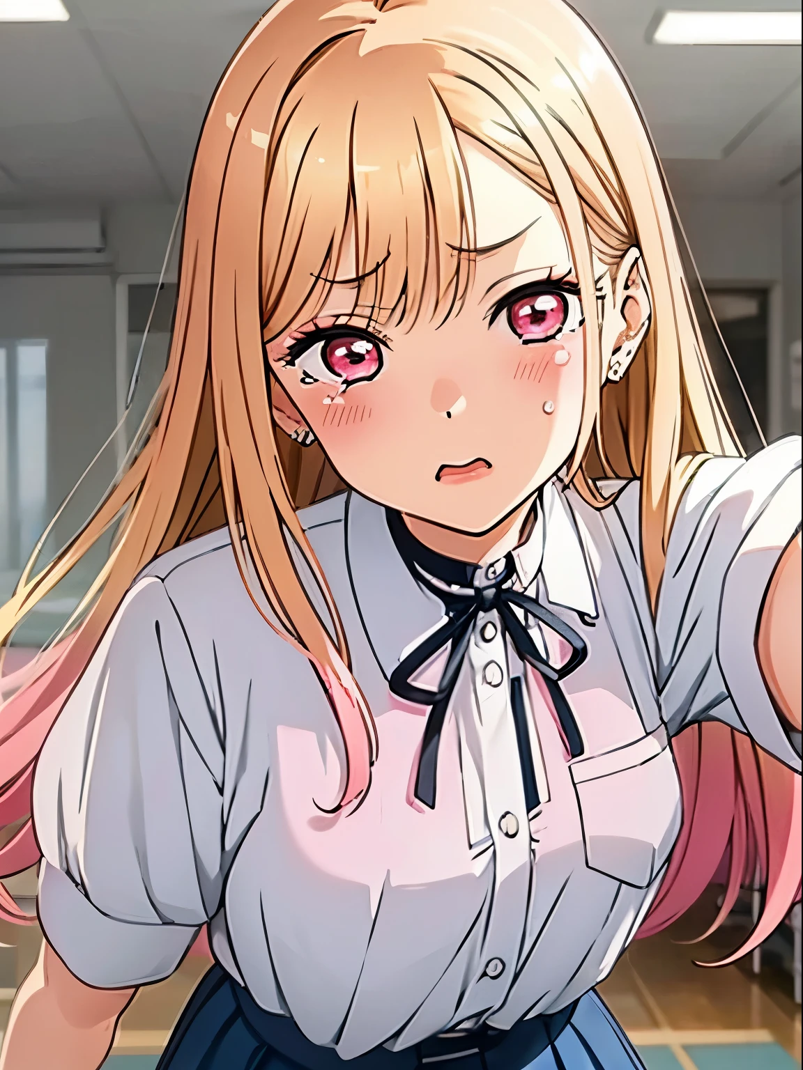 Marin Kitagawa,1girl, Beautiful pink eye,Beautiful face, Blond long ,Clinging and crying in the classroom at school,The classroom is somewhat dark,parfect anatomy,parfect hands,parfect finger,A top-down perspective,CG style