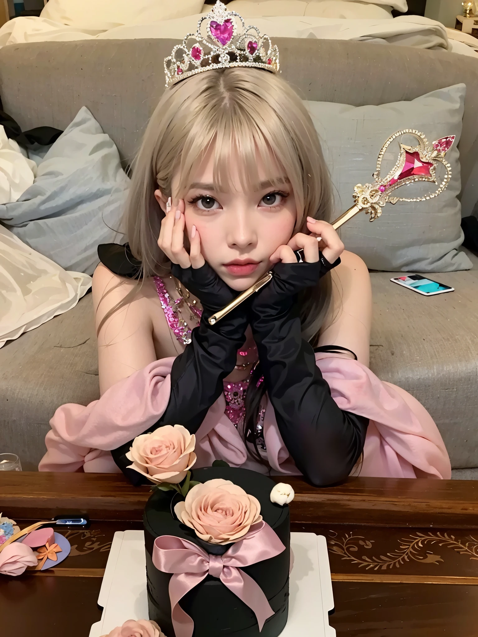 blonde-haired girl with a tiara and a phone in front of a cake, bella delfina, Lalisa Manoban de Blackpink, Lalisa Manobal, hada, portrait of jossi de blackpink, parque roseanne de blackpink, ulzzang, el corte de hime, sakimichan, jossi de blackpink, shikami, elfo eva