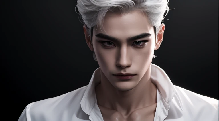 man,exposed forehead hairstyle,white hair,hot, handsome, chinese guy,asian, ultra-detailed,hyper details,cinematic light, solo,stand,white studio,black-and-white-filter,closeup,front,looking at viewer from front,manhwa-style,unbutton-shirt,tattoo on the neck with role modle written, smirking, fox eyes, sharp eyes, glasses, black clothes,