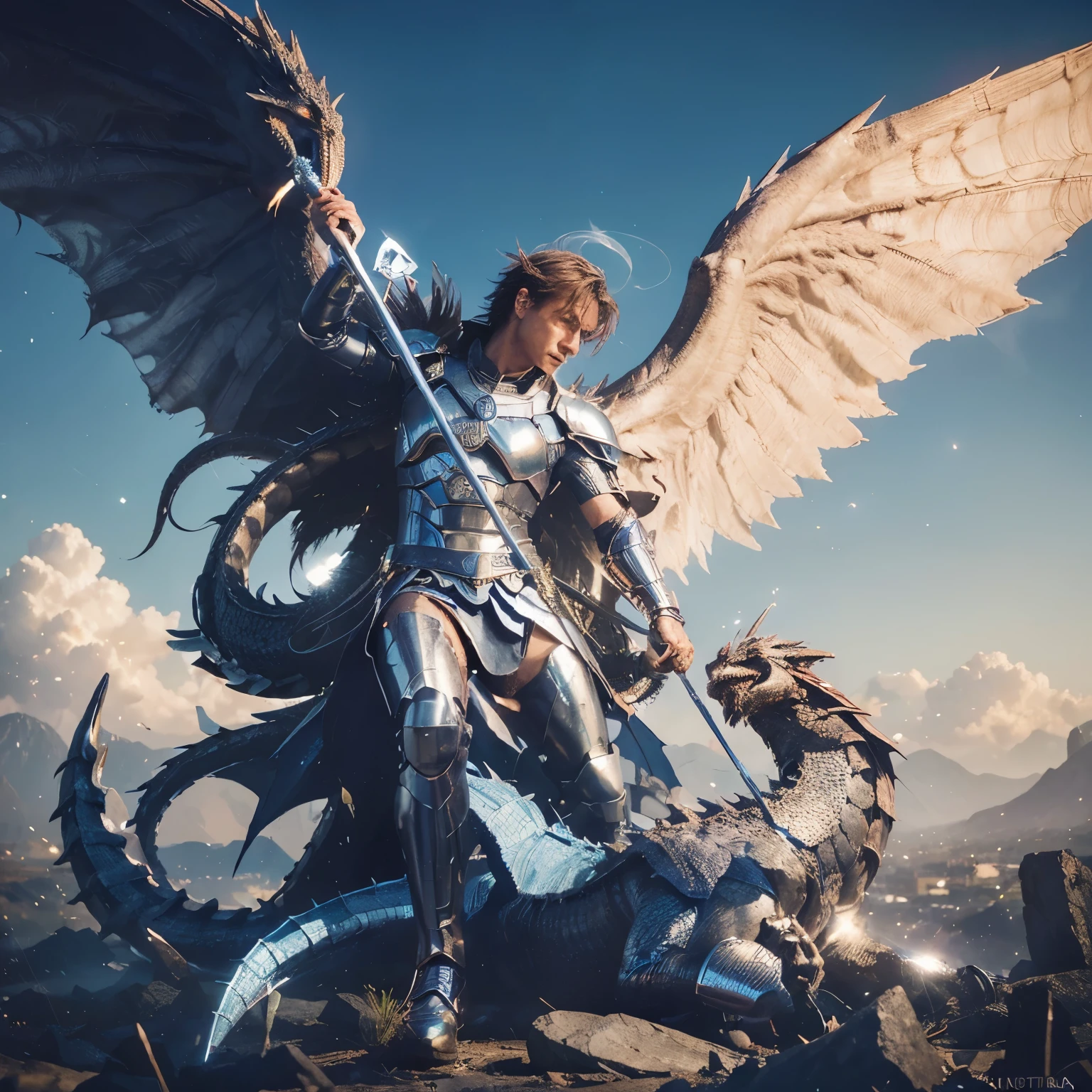 (((Male Guardian Angel Warrior killing to a dragon. 17 years old. IN CUSTOM METALLIC COLORS maya blue))) luminoso, obra maestra, (Mejor calidad: 1.2), (super fine: 1.2), illustration, (extremadamente delicado y hermoso: 1.2), movie angle, flotante, (Hermoso detalle ojo: 1.1), (detalle de luz: 1.1), Movie Lights, Cielo delicado, ojos azules, (cola de caballo alta: 1. 1), capa, Ojeteador, cielo estrellado, (light particles: 1.1) Dibujo, flor. (obra maestra), (Mejor calidad), (fotorrealista:1.3), 8k, textura de piel detallada, Textura de tela detallada, hermoso rostro detallado, detalles intrincados, ultra detallado (Cuerpo completo:1.2)
Traducido con DeepL.con (Free version)