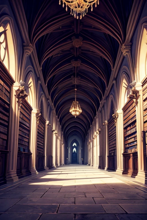 There is a long corridor,There is a chandelier and a chandelier inside, Inside an epic Gothic castle, in a dungeon background, Anime background art, Gothic epic library concept, interior background art, Anime landscape concept art, In animated films《Ergo Agent》Curly, in a throne room, Dramatic lighting. concept-art, american mcgee's alice, in a large hall, anime scene