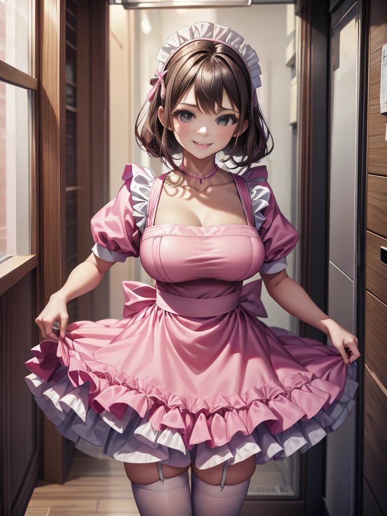 8k, masterpiece, cute solo 1girl, maid, big smile, short girl, pink dress, white apron, vibrant, vivid, dynamic