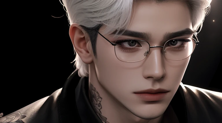 man,exposed forehead hairstyle,white hair,hot,  handsome, chinese guy,asian, ultra-detailed,hyper details,cinematic light, solo,stand,white studio,black-and-white-filter,closeup,front,looking at viewer from front,manhwa-style,unbutton-shirt,tattoo on the neck with role modle written, smirking, fox eyes, sharp eyes, glasses, black clothes, 