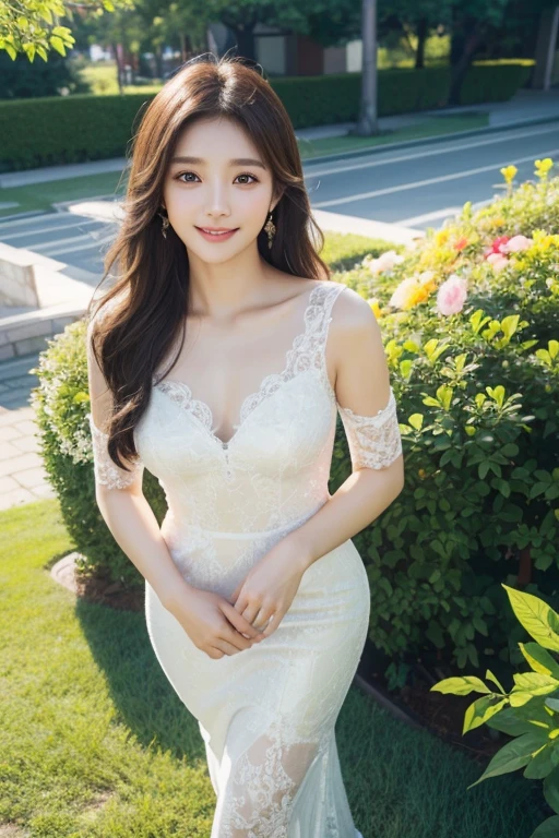 (Best light: 1.2, cute Korean girl: 1.2, [white dress: 1.3], flower wall composed of flowers, various flowers are normally distributed, elegant and colorful: 1.1, bright and moving: 1.1, [ultra-detailed: 1.2 + dynamic pose + delicate: 1.2],), big breasts, smiling lips, holding a multicolored bouquet, the background wall is a multicolored flower wall