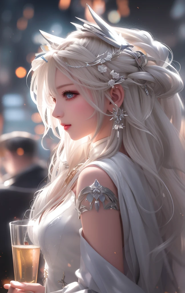 Blonde woman,long hair,silvercleavage dress,A glass of champagne in his hand, guweiz style artwork, 4k highly detailed digital art, 8k high quality detailed art, Detailed digital animation art, Best Art Sites for Fan Art, Rostland 8K, 4k detailed digital art, 8k artistic german bokeh, guweiz, white hair girl