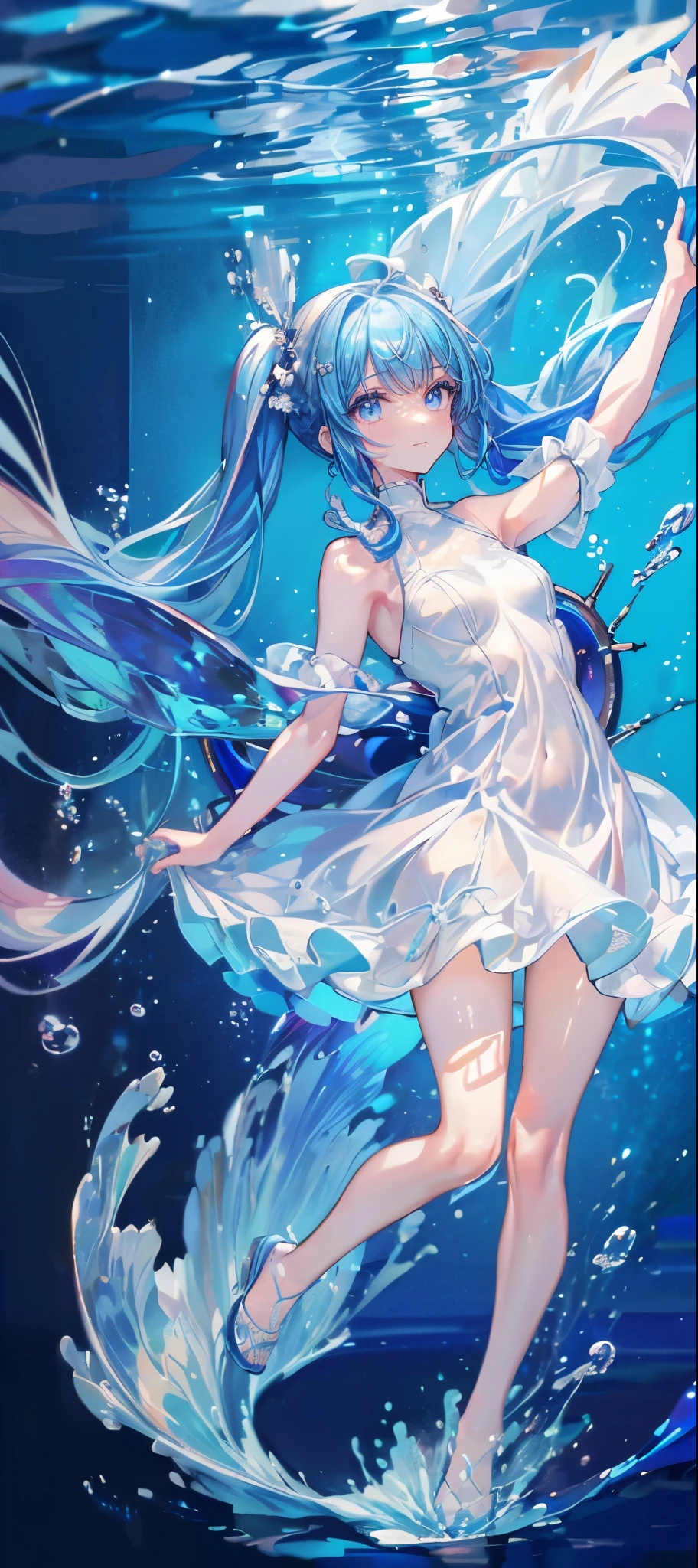 (muste piece), (best quality), very detailed, 1 girl, perfect face, (solo full body shot:1.3), very detailed顔,(Blue-haired twintails:1.5),(blue eyes:1.4),(in water:1.4),(white dress:1.5),Ocean,School of small fish,Light,bubble,jellyfish,Ocean藻,Red fish,Yellow fish,深Ocean,fantasy,Ocean底,float,(Ocean底都市:1.4),smile:1.3
