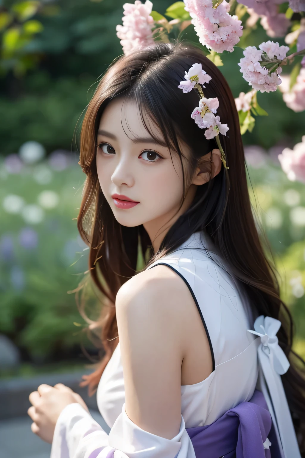 Ultra-detailed 8K photo photo of a Japanese gravure model with shoulder-length wavy hair and striking hazel eyes. she gives a playful, enticing look towards the camera, wearing a delicate lavender hanfu, tendrils of hair framing her face, in a flower garden.