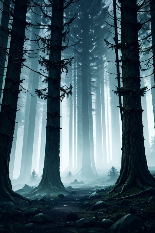 Trees in the fog，Street lights in the background, from witcher (2021), cinematic forest lighting, atmospheric establishing shot, dark forest in background, dnd in a dark forest, In the middle of a dark forest, cinematic opening shot, night in a dark forest, in a forest at night, dark forests surrounding, Introduction to Skyrim, In the forest at night