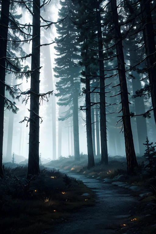 Trees in the fog，Street lights in the background, from witcher (2021), cinematic forest lighting, atmospheric establishing shot, dark forest in background, dnd in a dark forest, In the middle of a dark forest, cinematic opening shot, night in a dark forest, in a forest at night, dark forests surrounding, Introduction to Skyrim, In the forest at night