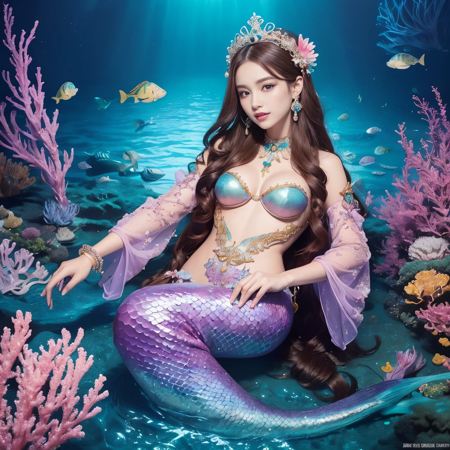 (highest quality、table top、8K、best image quality、hyper realism)、(Mermaid goddess in the most luxurious and majestic costume:1.1)、(The most luxurious and intricately decorated sleeves:1.1)、(mermaid goddess in the deep sea:1.2)、(Extremely complex and detailed ocean depictions:1.1)、(Lots of beautiful small tropical fish and corals in the sea:1.1)、(Highly intricately sparkling detailed pink and purple real scales:1.2)、(mermaid goddess in the deep sea 上半身写真:1.1)、Beautiful sea that shines intricately、Clear and detailed background,、accurate anatomy、whole body jewelry decoration、golden decoration、the most gorgeous goddess sleeves、the most luxurious decoration、large amount of intricate gemstones、beautiful brown hair、Highly detailed purple and pink scales、(最も贅沢でhighest qualityの巨大ティアラ)、(最も贅沢でhighest qualityのジャイアントネックレス)、Beautiful purple and pink tail of a mermaid、perfect makeup、the best smile when you look at me