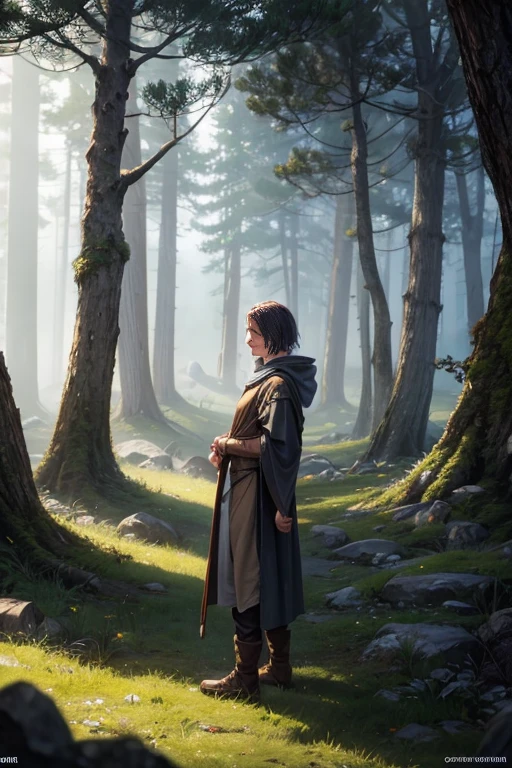 Arafed image of a person in a forest with a foggy background, Jedi Fallen Knights trailer, Epic concept art. Bokeh, cinematic keyframe, square enix cinematic art, teaser trailer footage, cinematic opening shot, cinematic forest lighting, Epic Fantasy D & D Snape the Hobbit, Dr. Thirteenth Regeneration, A scene from the《Plague 2》videogame