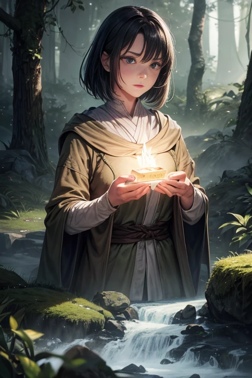 Arafed image of a person in a forest with a foggy background, Jedi Fallen Knights trailer, Epic concept art. Bokeh, cinematic keyframe, square enix cinematic art, teaser trailer footage, cinematic opening shot, cinematic forest lighting, Epic Fantasy D & D Snape the Hobbit, Dr. Thirteenth Regeneration, A scene from the《Plague 2》videogame