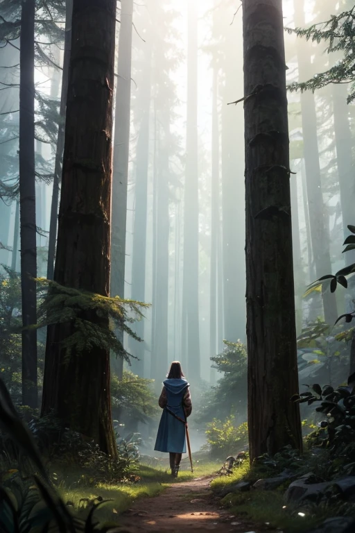 Arafed image of a person in a forest with a foggy background, Jedi Fallen Knights trailer, Epic concept art. Bokeh, cinematic keyframe, square enix cinematic art, teaser trailer footage, cinematic opening shot, cinematic forest lighting, Epic Fantasy D & D Snape the Hobbit, Dr. Thirteenth Regeneration, A scene from the《Plague 2》videogame