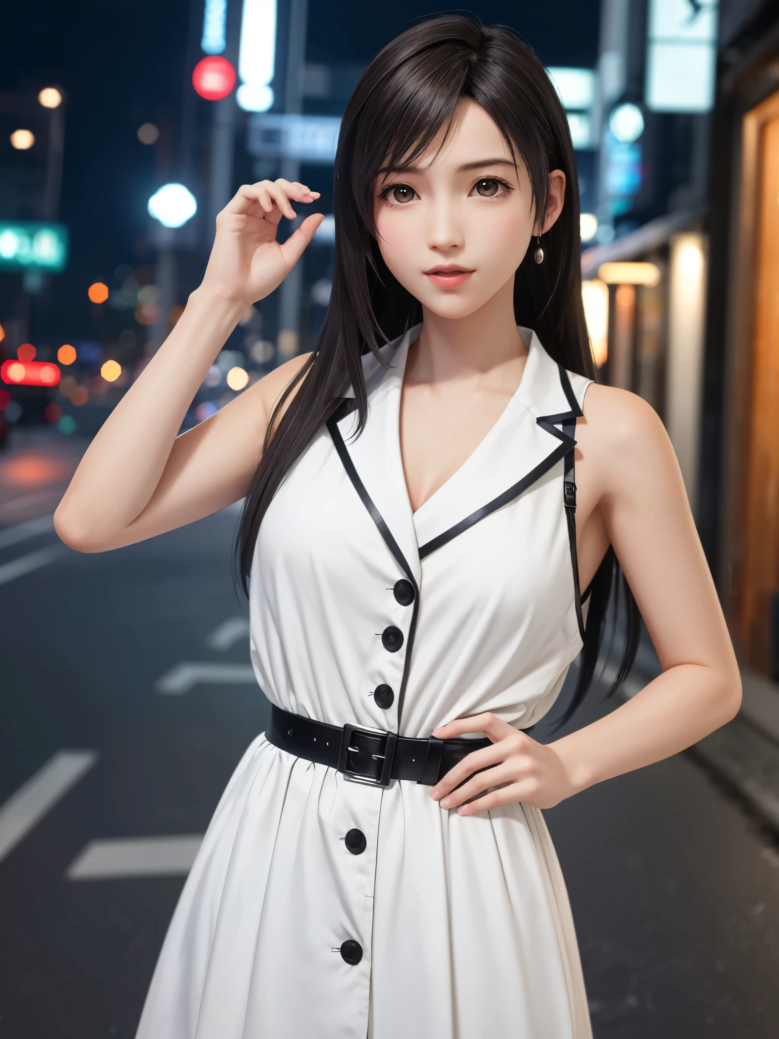(top quality, masutepiece: 1.1), (Realistic: 1.3), BREAK (((FF7,Tifa_lockhart))),(solo,Tifa:1.2),(oversized button-down shrts dress:1.4,no belt) ,(japan,sibuya,city, outdoor,behind big city,neon),(cute pose:1.3),Ultra-detailed face, Detailed eyes,Red eyes, BREAK (((FF7,Tifa_lockhart))),(black brown hair, Large breasts: 1.0), BREAK About 18 years old,kawaii,shy:1.1,meeting up for a date,waiting