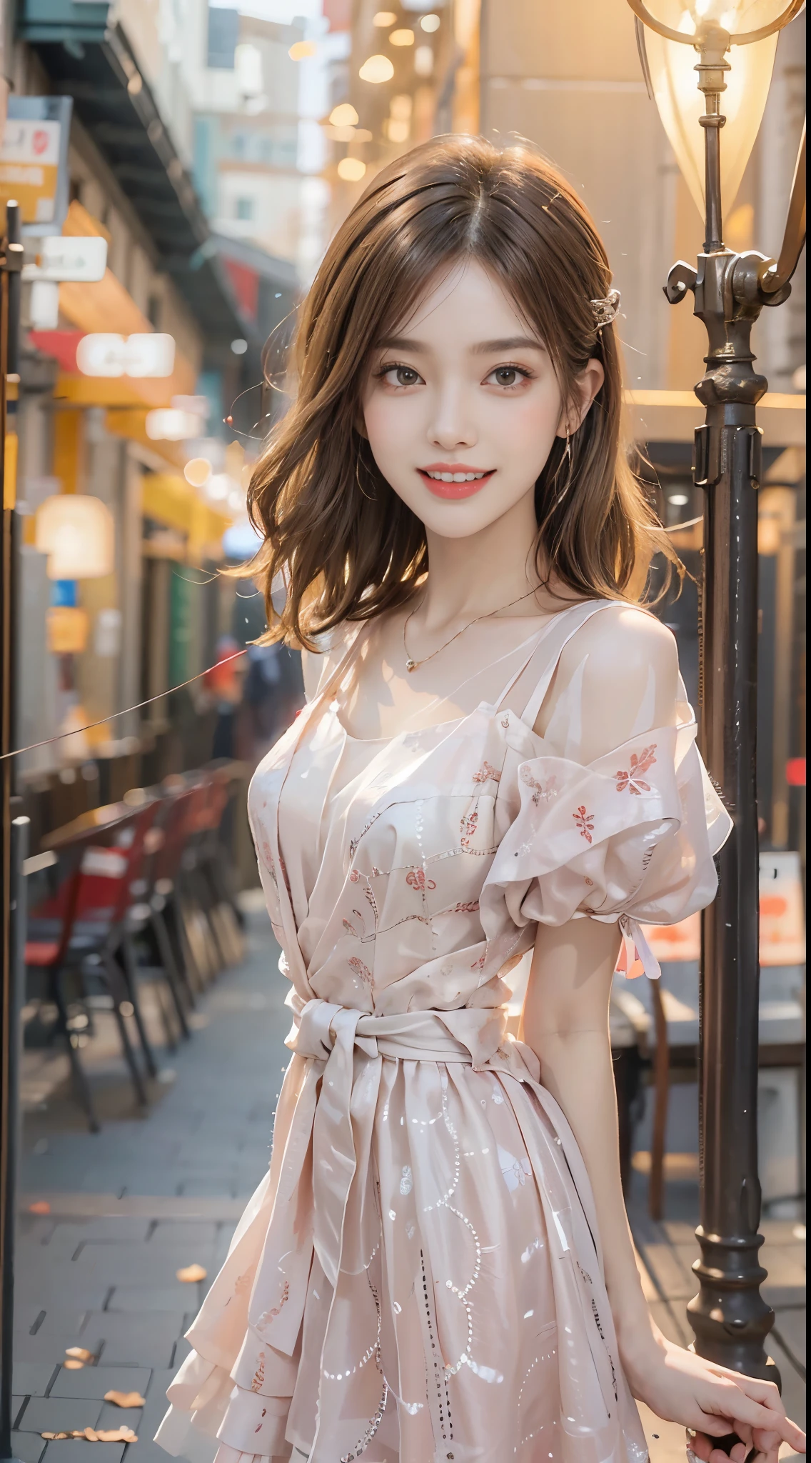 Sweet girl dress2,dress, ((full body)), ((leaning forward)), (上身前倾, 弯腰), ((from below)), ((realistic)), 1girll, posed for photo, Outdoor scene, the night, lamplight, Stand up, Pleasing posture, Eye-catching poses, pretty legs, looking at viewert, Detailed scenes, curlies, Air bangs, Beautiful hair accessories, Brownish-yellow hair, light make-up, Blushlush, Gloss on lips, (Campus style), warm lights, a warm color palette, Detailed details, 超詳細, (tmasterpiece, best qualtiy), (An extremely delicate and beautiful work), Delicate earrings, Delicate necklace, Simple blurred background, Extreme detail description, Ultra-fine painting, Delicate face, slim toned body, Slimming the waist, (grin, happy grin, Baring teeth), (anatomy correct)