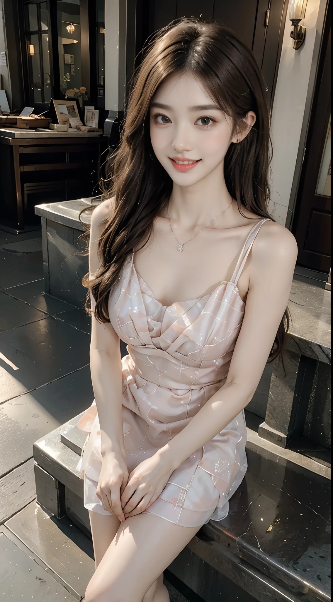 Sweet girl dress2,dress, ((full body)), ((leaning forward)), (上身前倾, 弯腰), ((from below)), ((realistic)), 1girll, posed for photo, Outdoor scene, the night, lamplight, Stand up, Pleasing posture, Eye-catching poses, pretty legs, looking at viewert, Detailed scenes, curlies, Air bangs, Beautiful hair accessories, Brownish-yellow hair, light make-up, Blushlush, Gloss on lips, (Campus style), warm lights, a warm color palette, Detailed details, 超詳細, (tmasterpiece, best qualtiy), (An extremely delicate and beautiful work), Delicate earrings, Delicate necklace, Simple blurred background, Extreme detail description, Ultra-fine painting, Delicate face, slim toned body, Slimming the waist, (grin, happy grin, Baring teeth), (anatomy correct)