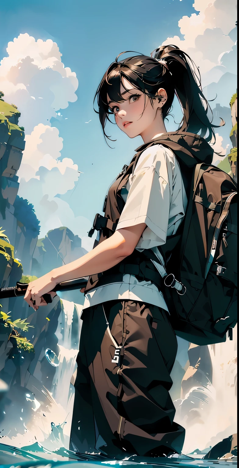 masterpiece、High resolution 8K、sharp focus、contrast lighting、ultra high resolution、ultra high resolution、Detailed CG、Low - Angle、full body shot、Beautiful woman、beautiful eyes、(detailed face and iace:1 2)、narrow eyes、almond eye、brown eyes、gradation eye、highlight:1.2)、(beautiful reddish brown hair、asymmetrical bangs、medium hair(small chest size) 、(oval face : 1.4)、(thin fingered arms、detailed human hand)、Woman fishing in the river、Beautiful and wide river、Flowing waterfall、rock surface、moss、forest、Mont、blue sky、Flowing clouds、vapor、mist、full body pose、Holding a fishing rod in your hand、Fishing lure rod、Outdoor Vest、hoodie、Waders、Long pants for fishing、Big backpack)、A woman fishing with a fishing rod in her hand pointing toward the water surface