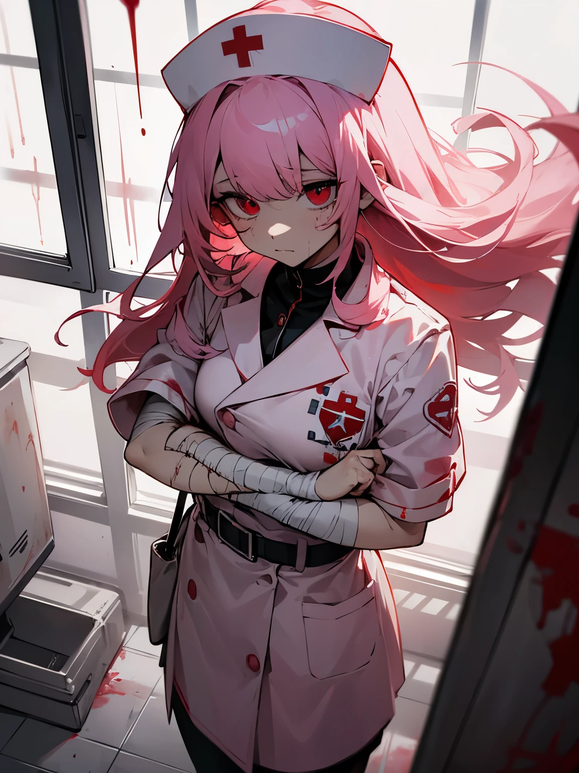 Blood droplets、blood、Internal organs、hospital、White and black nurse uniform、Bandages on both arms、Bandage on the leg、have a knife、cadaver、impatient face、be bothered、panic、hospitalの中、hospital room、desolation、window、pink hair、red eyes、long hair