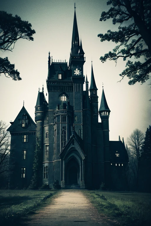 Dark picture of a castle in the forest, spooky netflix still shot, spooky mansion, shadowy castle background, House in the forest, dark pastel castle background, Gothic mansion, Dark castle environment, still from animated horror movie, location of a dark old house, dark castle background, haunted background, haunted house, exterior misterioso, haunted gothic hotel