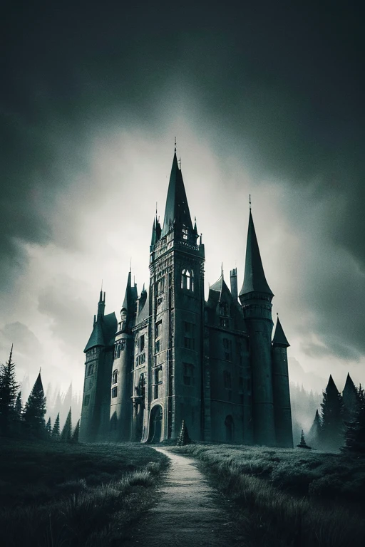 Dark picture of a castle in the forest, spooky netflix still shot, spooky mansion, shadowy castle background, House in the forest, dark pastel castle background, Gothic mansion, Dark castle environment, still from animated horror movie, location of a dark old house, dark castle background, haunted background, haunted house, exterior misterioso, haunted gothic hotel