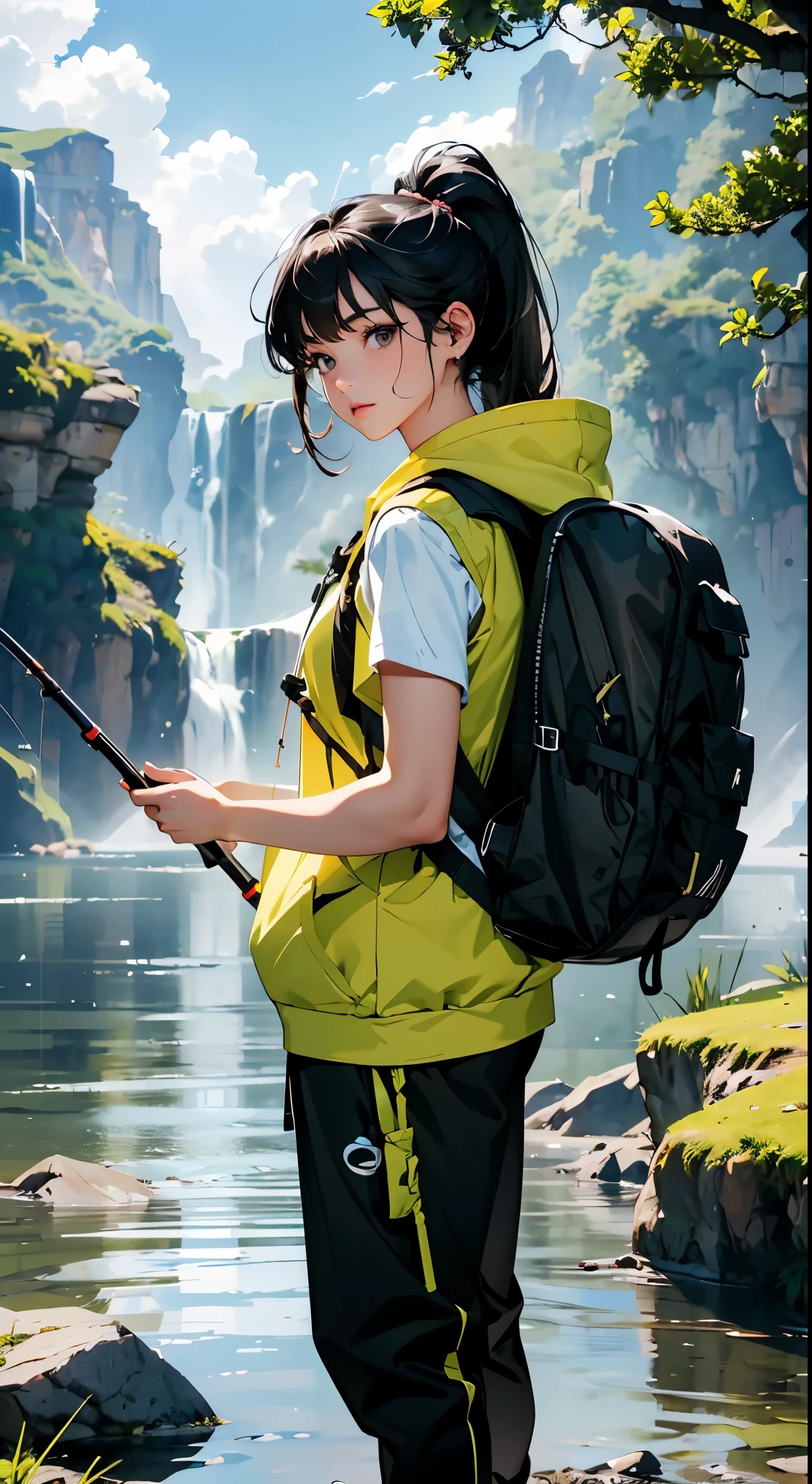 masterpiece、High resolution 8K、sharp focus、contrast lighting、ultra high resolution、ultra high resolution、Detailed CG、Low - Angle、full body shot、Beautiful woman、beautiful eyes、(detailed face and iace:1 2)、narrow eyes、almond eye、brown eyes、gradation eye、highlight:1.2)、(beautiful black hair、middle、asymmetrical bangs、high top fade、ponytail、(plump lips、glossy lips、small chest size) 、(oval face : 1.4)、(thin fingered arms、detailed human hand)、Woman fishing in the river、Beautiful and wide river、Flowing waterfall、rock surface、moss、forest、Mont、blue sky、Flowing clouds、vapor、mist、full body pose、Holding a fishing rod in your hand、Fishing lure rod、Outdoor Vest、hoodie、Waders、Long pants for fishing、Big backpack)、Woman fishing with fishing rod in hand