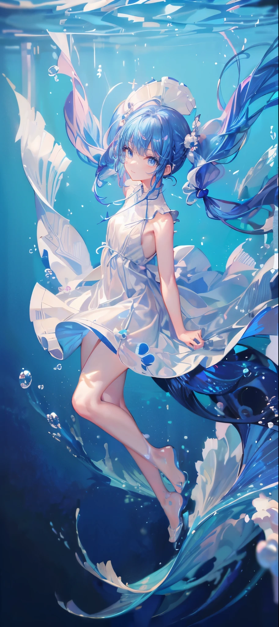 (muste piece), (best quality), very detailed, 1 girl, perfect face, (solo full body shot:1.3), very detailed顔，(Blue-haired twintails:1.5)，(blue eyes:1.4)，(in water:1.4)，(white dress:1.5)，Ocean，School of small fish，Light，bubble，jellyfish，Ocean藻，Red fish，Yellow fish，深Ocean，fantasy，Ocean底，float，(Ocean底都市:1.4)，smile:1.3