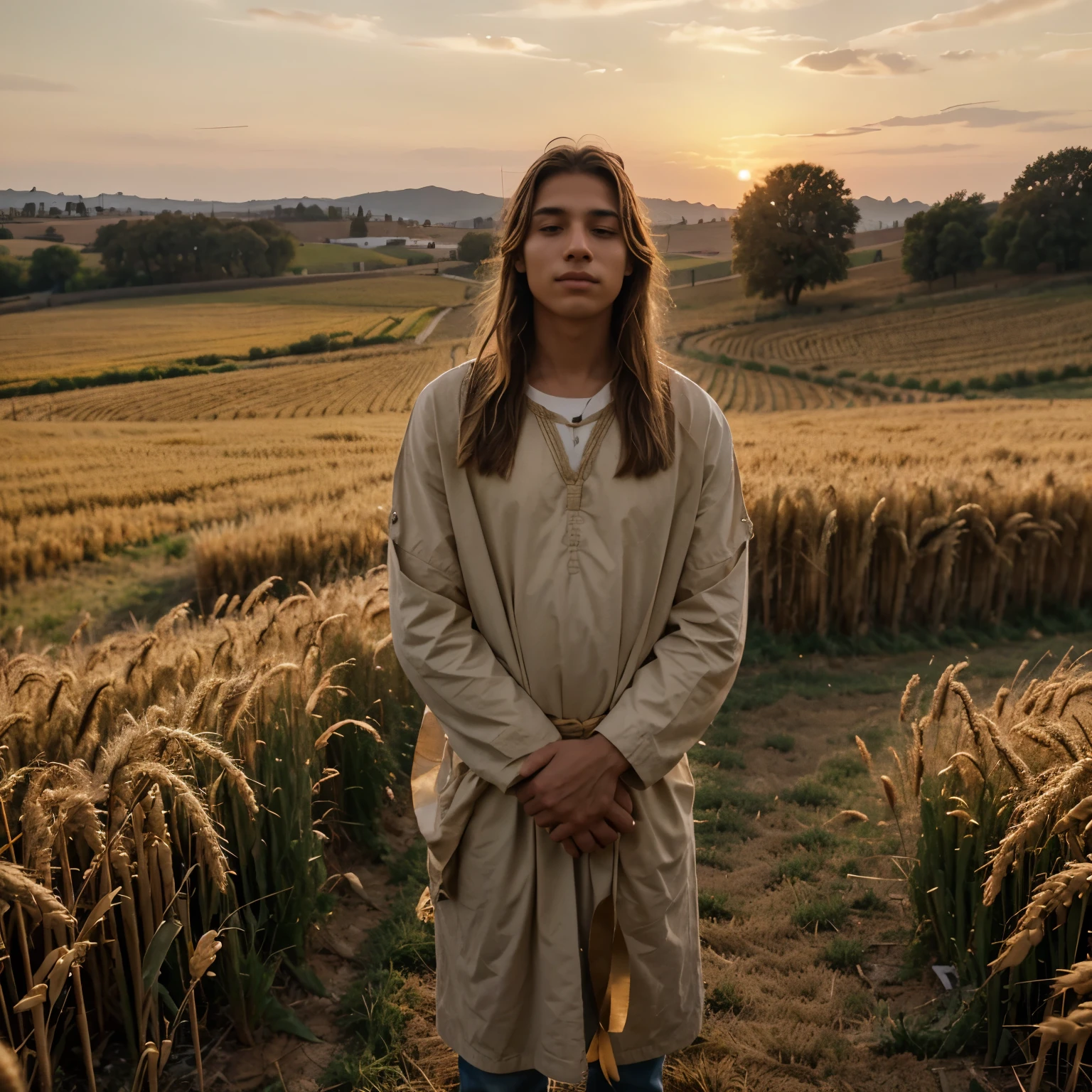 "Describe a picturesque scene of a golden field of wheat, where a young Israelite, no older than 20, stands in the center. He is admiring a towering sheaf of wheat, while other sheaves around him bend gracefully. The light The gentle sunset highlights not only the golden tones of the wheat, but also the serene expression on the young man's face, creating a warm and peaceful atmosphere."