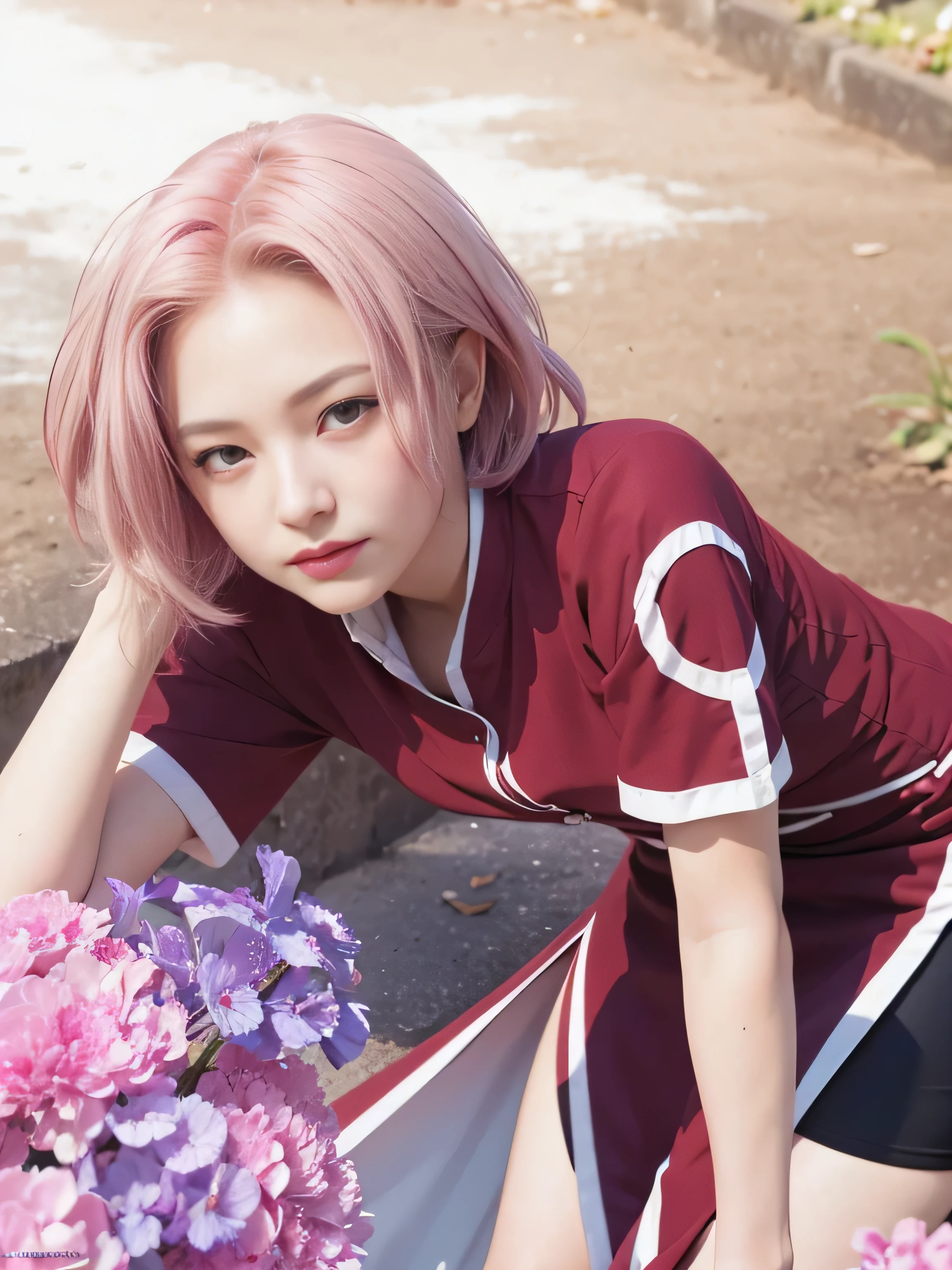 masterpiece, best quality, (realistic,photo-realistic:1.4), (RAW photo:1.2), extremely detailed CG unity 8k wallpaper, delicate and beautiful, amazing,finely detail, official art, absurdres, incredibly absurdres, huge filesize, ultra-detailed,extremely detailed eyes and face,light on face,little smile,(pink hair:1.4),short hair,(wearing red cloths:1.4),green eyes,garden