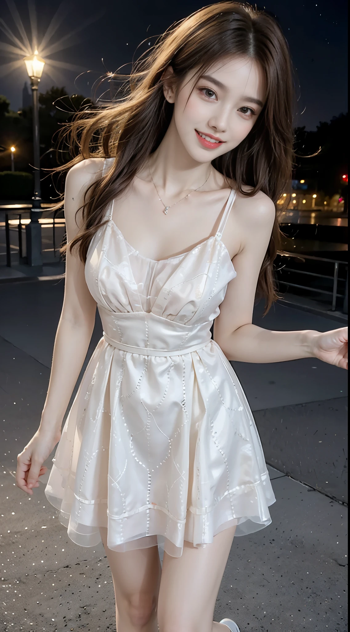 ((top quality, 8k, masterpiece: 1.3, raw photo)), Sharp Focus: 1.2, (1 aespa girl: 1.2), (Realistic, Photorealistic: 1.37), (face focus: 1.1), cute face, small breasts, flat chest, short messy hair, updo, nude, (office uniform like Off-the-shoulder chiffon dress, business skirt: 1.2), Beautiful Woman standing Under Street Lamp Light, cinematic lighting, thigh
