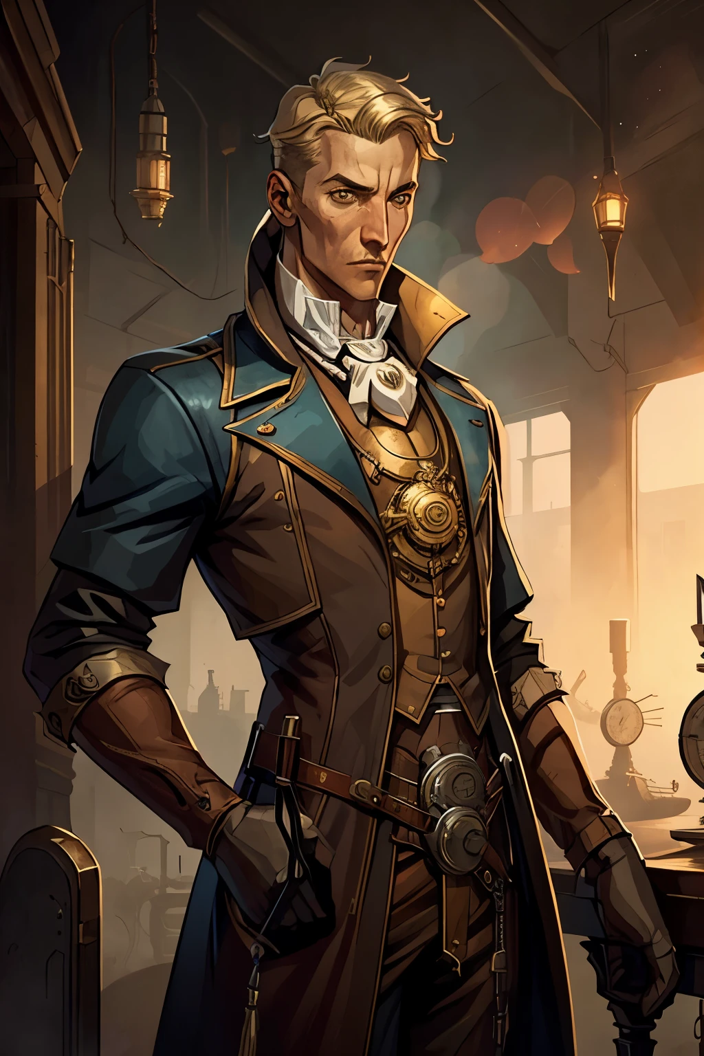 Best quality, art, young man, inventor, weird west, steampunk, dustcoat, blonde short haired, pneumatic limb, 190X year, iron heart