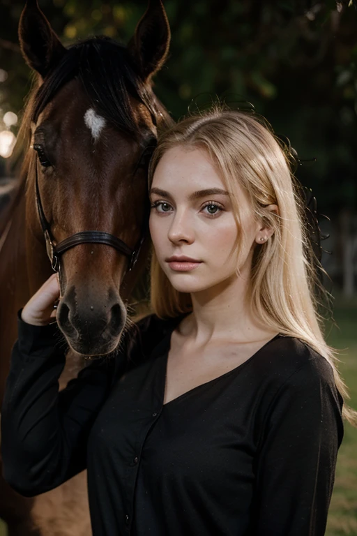 25 year old woman, montada a caballo, caballo negro oscuro, blonde woman with pale skin, seria, anochecer