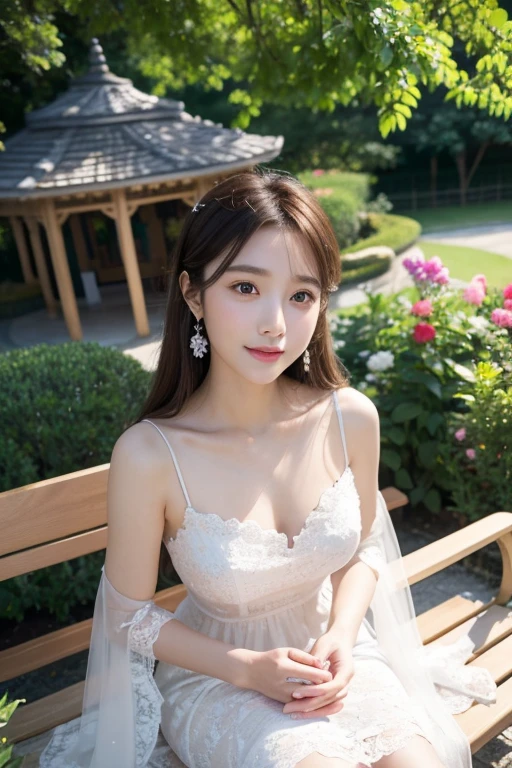 Luzan-6500-V1.1、Extremely detailed、High definition、Raw color photo、wide shot、1 young woman、Kpop Girl、high detail skin、soft light from above、vivid colors、shiny white skin、wonderful face and eyes、Light makeup、Smile、A luxurious dress like a feather、Soft lace long dress、long legs、flower garden、A face sitting on a bench under the gazebo and looking up、