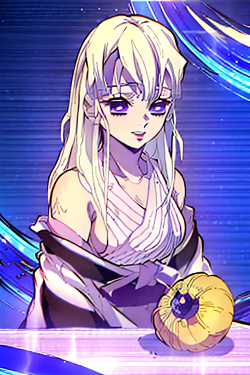 (High quality, breathtaking),(expressive eyes, perfect face) (((The yucca, sexy lips)), 1 girl, female, One, Adult, White hair, purple eyes, stylized hair, gentle smile, long hair, loose hair, Straight bangs, wicker, japanese clothing, elegant, soft makeup, Demon Slayer art style