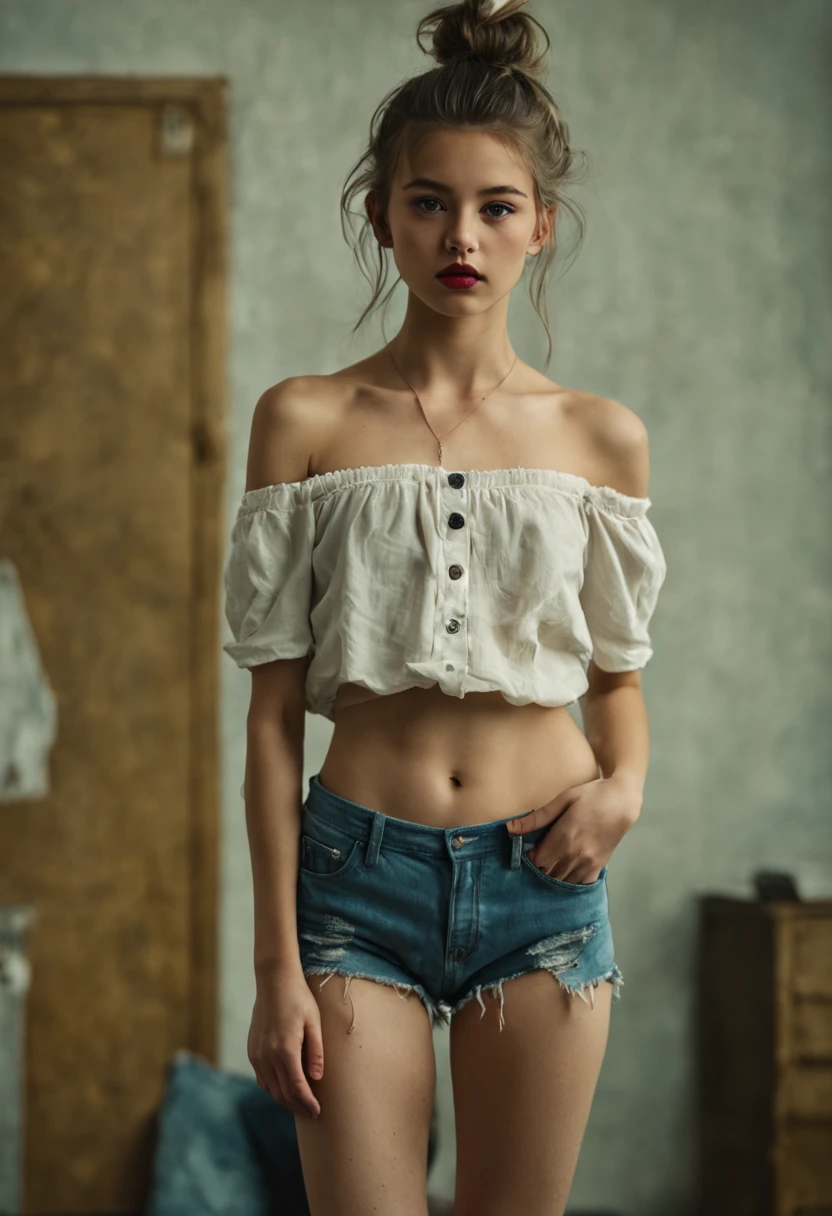 1girl, ************, idol, , collarbone, ,standing, photography, film, depth of field, skin texture,, topknot, long hair, messy hair, , cute beautiful perfect face , ************, camera gaze, cotton panties, leg panties, realistic, cowboy shot, studio shot, thigh gap, (crotch), full body, necklace, off shoulder, (short and tight unbuttoned blouse), lips, realistic, nose, flirting with camera, thigh gap