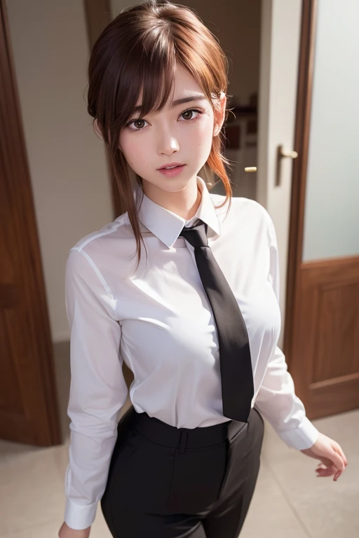 masterpiece, highest quality, (perfect body),(Fine and beautiful skin:1.1),(shiny skin:1.1),(Oil Highlights:1.1),(fascinating), High key and low dispersion brightness scale,soft light,Light-dark interlaced, 1 girl, best quality, ultra-detailed, illustration, epic lighting, cinematic composition, isometric, 1girl, solo, cute, brown eyes, black hair, swept bangs, single sidelock, red hairclip, white collared shirt, black necktie, black pants, formal, enchanting gaze, captivating pose, indoors, office, door, opening door, looking at viewer, peeking out upper body, blush, seductive smile, closed mouth,(8k:1.1), (looking at viewer),