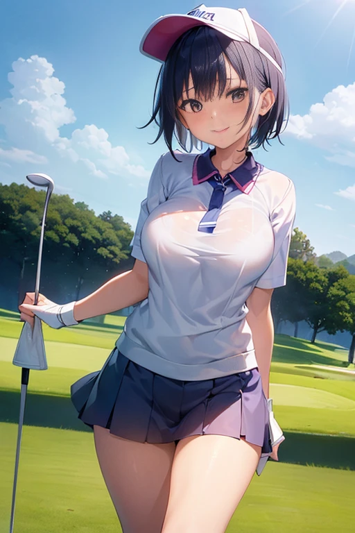NSFW、stare intently、masterpiece、highest quality、 ((Golf Course Background)、(Caddy))、has blue bangs、short hair、25 year old woman with slightly red eyes.、Wearing a super short skirt、blush、smile、Alone、pose of temptation、stylish sun visor、((Turn around and stick your buttocks out))、((golf wear, fashionable))