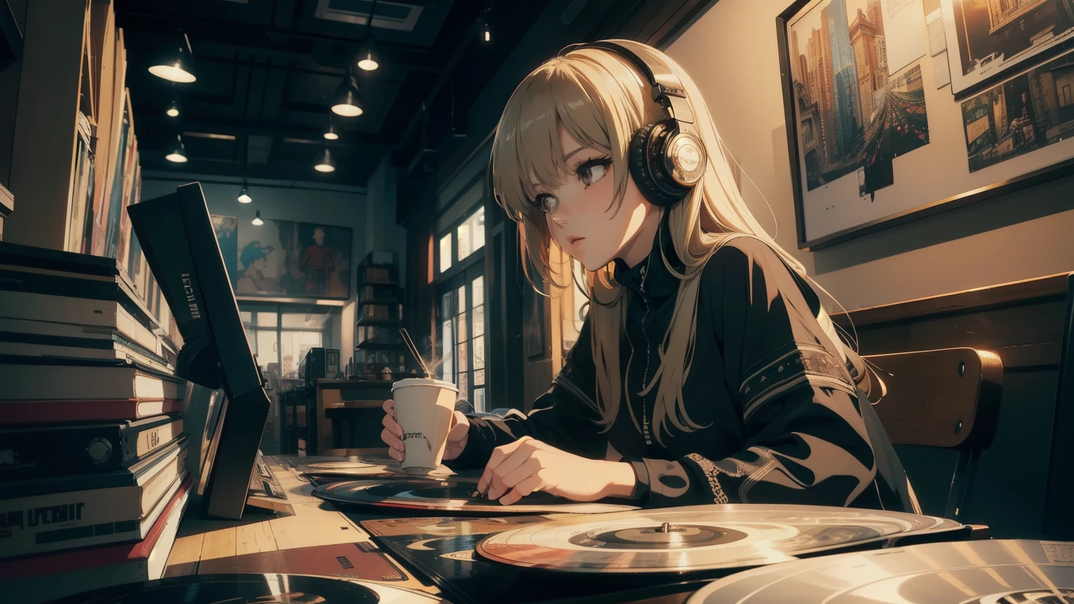 (longshot), wideshot, (film noise), old cartoon, (lots of records:1.3), coffee shop, (masterpiece, highest quality, highest quality, official art, beautiful and aesthetic: 1.2), (woman listening to music with 1 headphones), very detailed, (fractal art: 1.4), supreme detail, coffee makers, (notes: 1.4), ( lo-fi hip-hop), face close up, anime texture, solo, picture of coffee shop