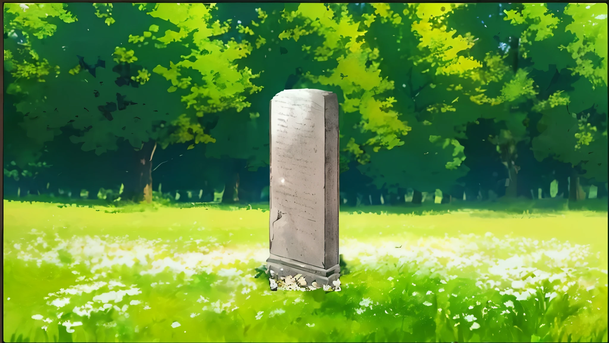 there is a stone monument in a grassy field with trees in the background, untethered stelae, tombstone, anime background, ((monolith)), runestone, random background scene, anime background art, obelisk, ( ( makoto shinkai ) ), grave, tombstones, monolith, standing over a tomb stone, gravestones, monument