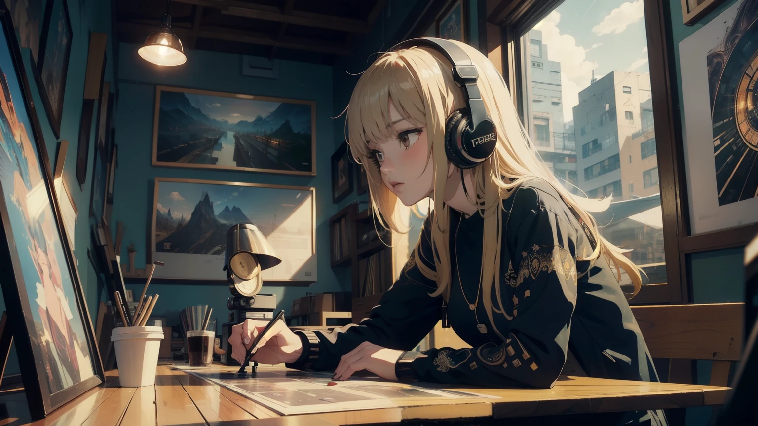 (longshot), wideshot, (film noise), old cartoon, (lots of records:1.3), coffee shop, (masterpiece, highest quality, highest quality, official art, beautiful and aesthetic: 1.2), (woman listening to music with 1 headphones), very detailed, (fractal art: 1.4), supreme detail, coffee makers, (notes: 1.4), ( lo-fi hip-hop), face close up, anime texture, solo, picture of coffee shop