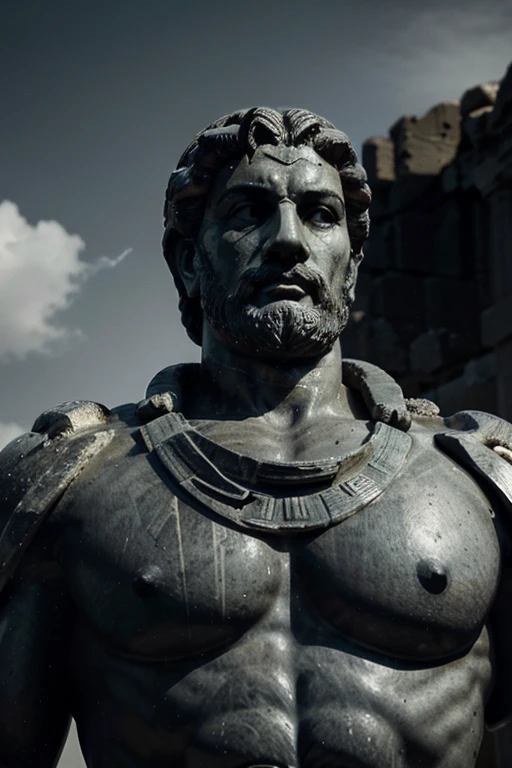 "A dark landscape image of an ancient greek society deeply connected to stoicism, black and white, ancient greek architecture, include one single big statue of a stereotypical strong greek man, marcus aurelius