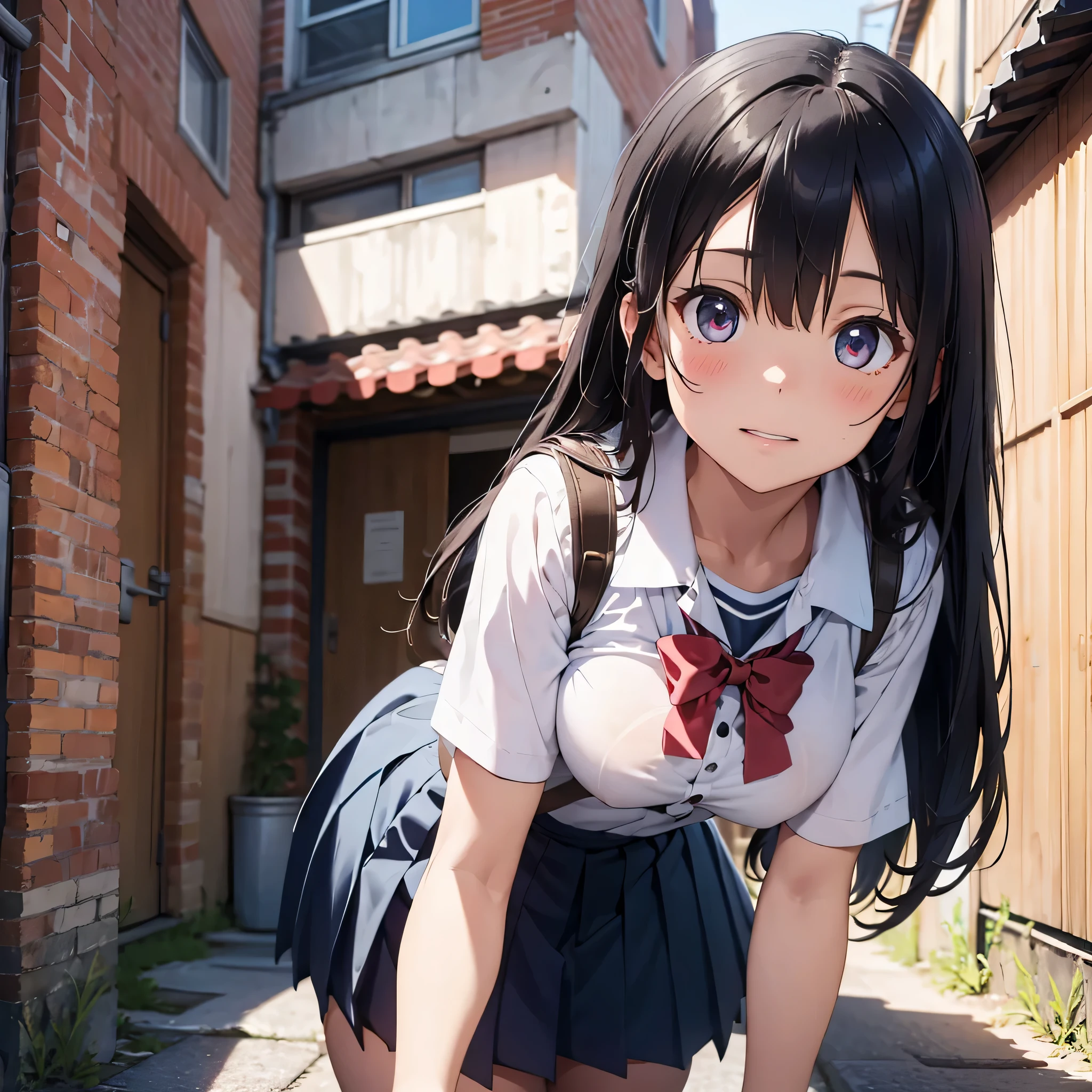 (masterpiece:2.0), (highest quality:2.0), (lean forward in an alley:1.5), (Extremely short schoolgirl uniform:1.5), (super sexy pose:1.5), (look up from below:1.5), (perfectly exposed nape:1.5), (blushing face:1.5), (spilling breasts:1.5), (realistic:1.5), 1 little girl, very cute girl, precision small hands, You look embarrassed when you look at me, light smile, innocent face, young face, clear eyes, shining eyes, small breasts, I can see the cleavage, no pubic hair, dynamic posing, beautiful skin, Super fine, highest resolution, Japanese high school student, golden hair