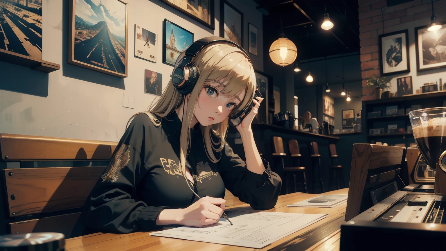 (longshot), wideshot, (film noise), old cartoon, (lots of records:1.3), coffee shop, (masterpiece, highest quality, highest quality, official art, beautiful and aesthetic: 1.2), (woman listening to music with 1 headphones), very detailed, (fractal art: 1.4), supreme detail, coffee makers, (notes: 1.4), ( lo-fi hip-hop), face close up,  anime texture, solo, picture of coffee shop