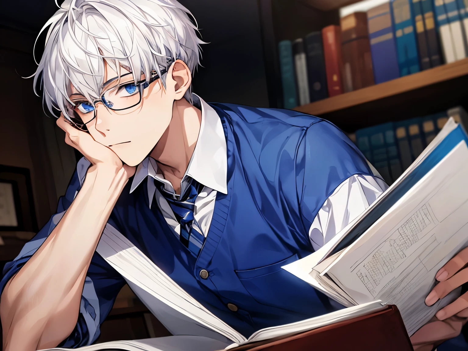 A male ager with white hair and blue eyes, glasses, studying in college, writing