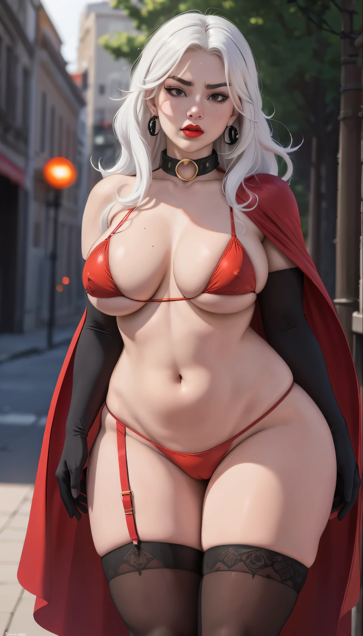 straight-on,  CARTOON_lady_death_bikini_ownwaifu,www.ownwaifu.com, angry, 
mascara, blank_eyes,long hair,breasts,white hair,makeup,colored skin,navel,lipstick,large breasts,wavy hair,white skin,lips,curly hair,red lips,very long hair,toned, narrow_waist, curvy,pale skin, thick_eyelashes, thick eyebrows, big hair, 
thighhighs,cape,cleavage,jewelry,earrings,garter straps,garter belt,gloves,piercing,red cape,blood,elbow gloves,armor,black legwear,collar,thong,black bikini,skull earrings, highleg, 
 BREAK, official art,extremely detailed CG unity 8k wallpaper, perfect lighting,Colorful, Bright_Front_face_Lighting,shiny skin, (masterpiece:1.0),(best_quality:1.0), ultra high res,4K,ultra-detailed, photography, 8K, HDR, highres, (absurdres:1.2), Kodak portra 400, film grain, blurry background, (bokeh:1.2), lens flare, (vibrant_color:1.2),professional photograph, (beautiful_face:1.5),