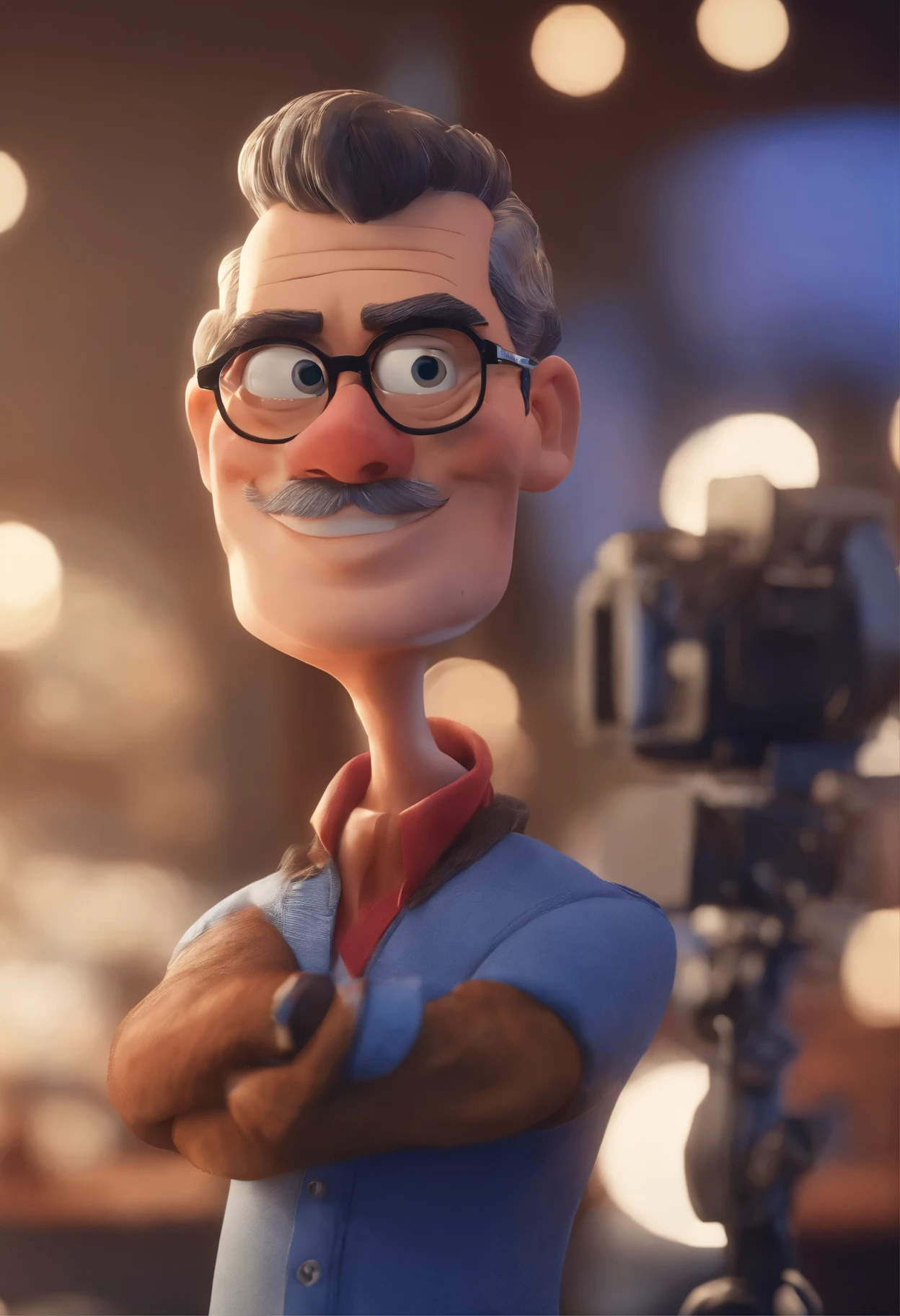 Cartoon character of a man with black glasses and a blue shirt, animation character, Caractere estilizado, animation style rendering, 3D estilizado, Arnold Maya rendering, Stylized 3D rendering, toon render screenshot, Personagem 3D, Personagem 3D, Stylized 3D rendering, 3D character rendering, personagem de desenho animado, Personagem de close up, Pose de personagem,  (Estilo Pixar) (parte mestre:1.2) (Bokeh) (melhor qualidade) (pele detalhada) (textura detalhada) (8k) (argila) (cinematic lighting) (sharp focus